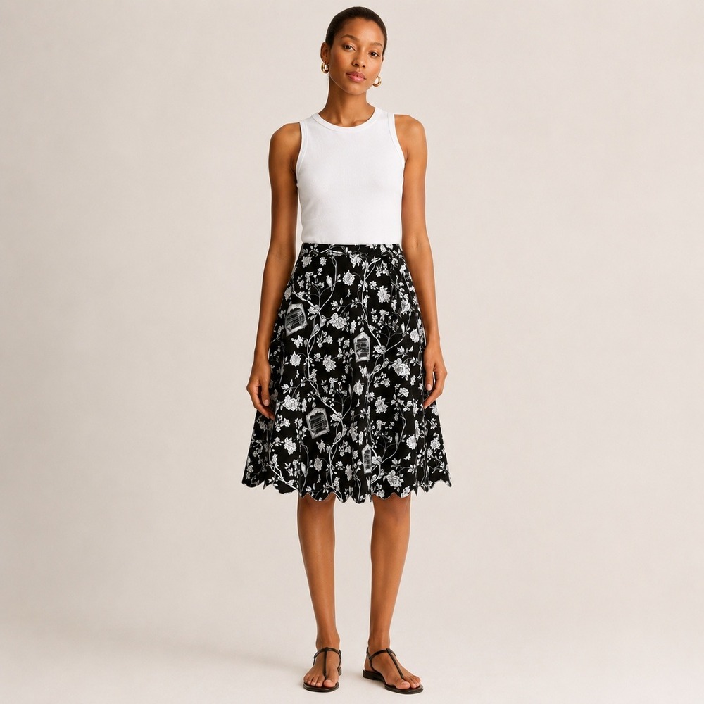 Talbots Womens Scalloped Hem A-Line Skirt 16 Birdcage Toile Black Floral Cotton